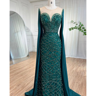 Elegant Green Cape Sleeves Mermaid Luxury Evening Dress - 2024 Gown for Women's Party