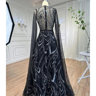 Luxury Crystal Arabic Black Evening Dress with Cape Sleeves: Elegant Wedding Guest Party Gowns for Plus Size Women in Pink