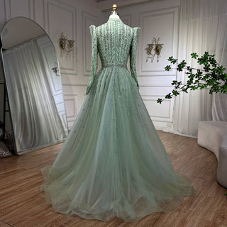 2024 Dubai Arabic Designer Luxury Sage Green A-Line Beaded Evening Dress: Perfect for Women's Wedding Party