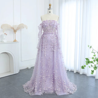 Elegant 3D Flowers Pink Luxury Dubai Evening Dress with Overskirt: Lilac Long Sleeves for Women's Wedding Party