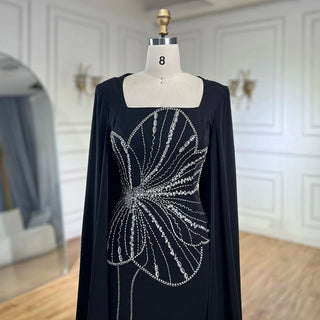 Ships in 1 to 3 Days - Arabic Black Mermaid Elegant Cape Sleeves Beaded Satin Luxury Dubai Evening Dresses Gowns For Women Party