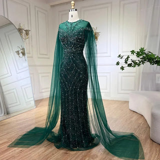 2024 Dubai Arabic Black Mermaid Elegant Cape Sleeves Beaded Luxury Evening Dresses Gown Women Wedding Party