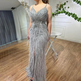 Luxury Beaded Mermaid Feathers Prom Dresses: Sexy Spaghetti Straps Backless Rose Pink Evening Dress