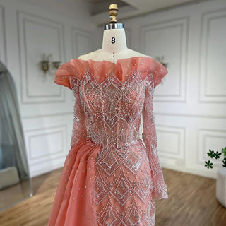 Elegant Arabic Peach Mermaid Evening Gown with Pearl and Beaded Detailing