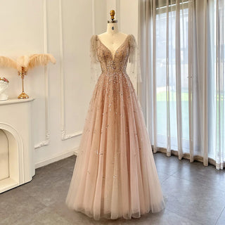 Light Champagne Evening Dresses: Dubai Luxury Crystal Pink Elegance for Arabic Formal Wedding Party Gowns