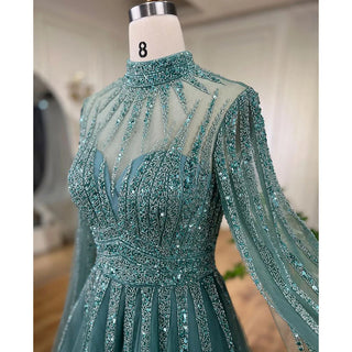 Arabic Turquoise A-Line Evening Dress 2024 with Beaded Detailing and Cape Sleeves - Ideal for Women's Wedding Party