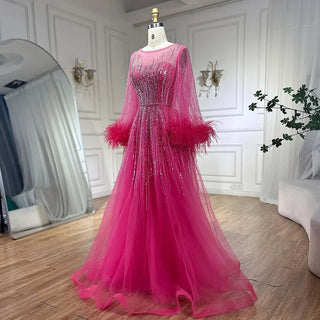 Ships in 1 to 3 Days - Modest Fuchsia A-Line Luxury Evening Dress with Feather Beading - Women's Wedding Party Gown 2024