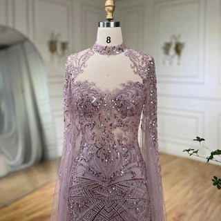 Nude Mermaid Elegant High Collar Cape Sleeves Luxury Beaded Evening Dress Gown for Women's Party 2024