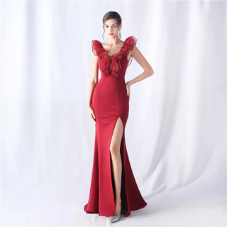 Sexy V-Neck Ruffle Celebrity Maxi Dress - Long Evening Party Dress for Women