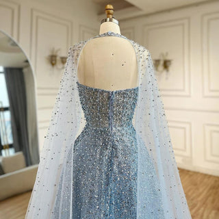 Ships in 1 to 3 Days - 2024 Arabic Blue Luxury Dubai Evening Gown | A-Line Elegant Cape Sleeves Beaded Dress for Women's Party