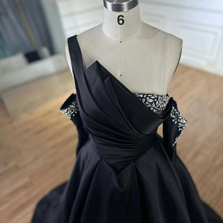 2025 Black One-Shoulder Satin A-Line Beaded Evening Gown with Sleevelets for Women’s Party - Saudi Dress