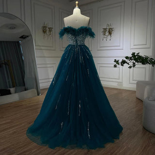 Blue Diamond Feather Mermaid Evening Dress with Overskirt - Wedding Party Gown for Women 2024