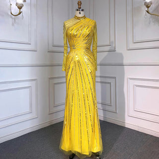 Muslim Yellow Elegant Mermaid Evening Gown 2024 with High Neck and Luxurious Beading - Perfect for Women's Parties