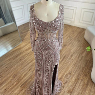 Ships in 1 to 3 Days - 2024 Dubai Arabia Luxury Beaded Evening Dress - Green Elegant Split Mermaid Gown for Women's Wedding Parties