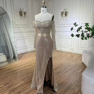 Ships in 1 to 3 Days - Arabic Nude Mermaid One-Shoulder Beaded Luxury Dubai Evening Dress - Gown for Women's Wedding Party 2024