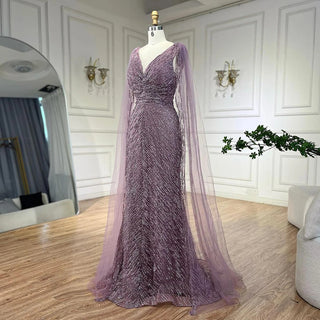 Customized Arabic Nude Luxury A-Line Beaded Evening Dress with Cape Sleeves for Women’s Wedding Party