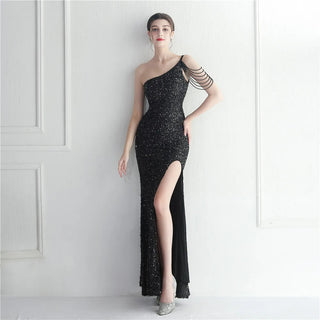 Sexy Slit Beaded Evening Dress - Slash Neck Sequin Party Maxi Prom Dress for Women