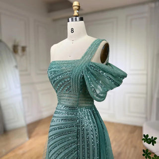 Turquoise Elegant One-Shoulder Mermaid Evening Gown 2024 with High Split - Perfect for Women's Wedding Parties