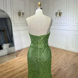 Luxury Sage Green One-Shoulder Beaded Crystal Mermaid Evening Gown - Dubai Style for Women Party 2024