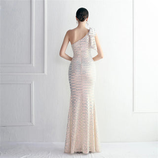 Sexy One-Shoulder Silver Sequin Evening Dress with Ruffles - Celebrity Maxi Party Dress with Slit for Women