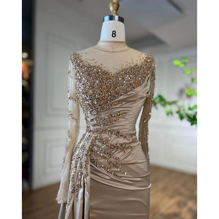 2024 Rose Gold Long Sleeve High Neck Mermaid Evening Gown with Side Skirt: Stain Elegance for Women's Party Glamour