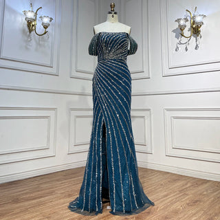 Ships in 1 to 3 Days - 2024 Elegant Blue Mermaid Evening Gown: Sexy Boat Neck with Split and Arabic-Inspired Beading for Women's Wedding Parties