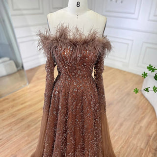 Ships in 1 to 3 Days - 2024 Brown Feathers Beaded Evening Dress with Cape Sleeves - A-Line Gown for Women's Wedding Party