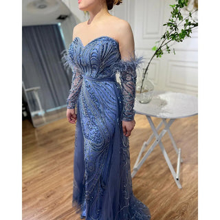 Chic Arabic Luxury Nude Mermaid Evening Dress with High Split, Beaded Feathers - Long 2024 Gown for Women's Wedding Party