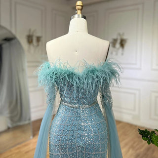 Elegant Cape Sleeves Mermaid Evening Dresses Gowns Luxury Feathers Beaded 2024 For Women Wedding Party