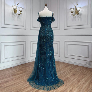 Blue Mermaid Sexy Evening Gown 2024: Spaghetti Straps, High Split, Luxury Beaded for Women Party