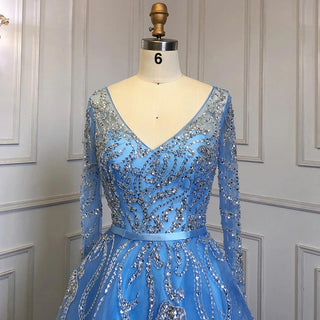 Arabic Blue A-Line Evening Dress - Long Sleeves with Luxury Beading for Woman's Party 2024