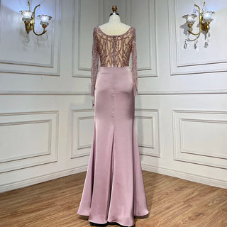 Arabic Pink High Split Beaded Luxury Long Evening Dress - 2024 Wedding Party Gown for Women