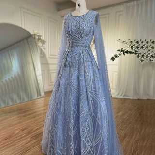 Blue Muslim A-Line Evening Dress 2024 with Cape Sleeves, Beaded Luxury - Ideal for Women's Wedding Party