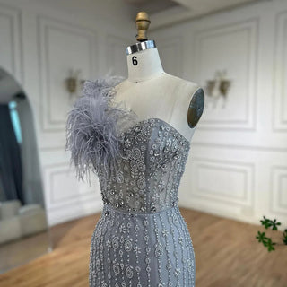 Gray Mermaid One Shoulder High Split Beaded Feather Luxury Evening Dress: 2024 for Women's Party