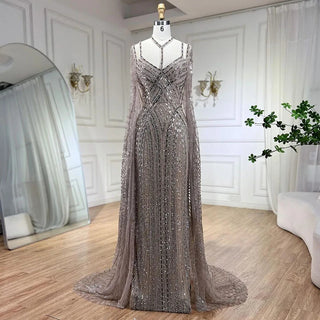 Caramel Cape Sleeves Mermaid Evening Dresses Luxury Beaded Party Gowns 2024 For Women