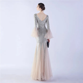 Elegant Long Sleeve Sequin Evening Dress - Gold Mesh Party Maxi Dress