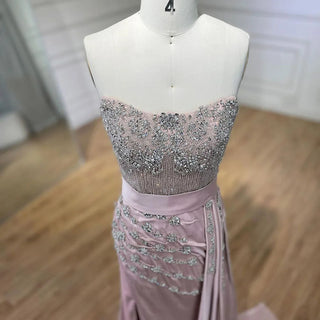 High Split Mermaid Nude Evening Dress 2024: Sexy Strapless Gown with Crystal Beading