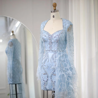 Custom-Made Feathered Dubai Short Evening Dress with Overskirt - Arabic Blue Lilac Mini Cocktail & Prom Dress