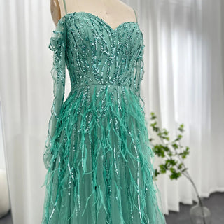 Luxury Dubai Sage Green Feathers Evening Dress for Women Elegant 2024 Lilac Burgundy Wedding Party Formal Gown