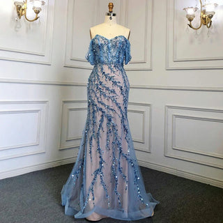 Ocean Opulence: 2024 Blue Mermaid Evening Gown with Beaded Off-Shoulder Detail