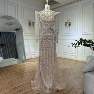 Ships in 2 to 5 Days - Luxury Nude Mermaid Evening Gown with Pearls and Beaded Embellishments – Custom Arabic Design