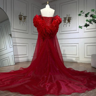 Ships in 1 to 3 Days - Red Long Cape Mermaid Evening Dress with Puff Sleeves, Beaded Overskirt, and Elegant Design for Women's Party