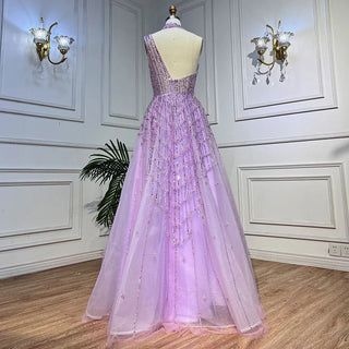 Ships in 1 to 3 Days – Luxury Beaded Dubai Lilac Evening Dress: Elegant Long Arabic Prom Formal Gown for Women's Wedding Party 2024