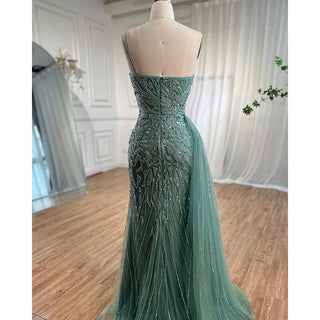 Elegant Blue Mermaid Evening Gown 2024: One Shoulder with Overskirt, Luxury Beaded for Women's Party