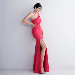 Sexy One-Shoulder Soft Satin Pleated Dress with Beading - Long Evening Party Maxi Dress with Slit for Women