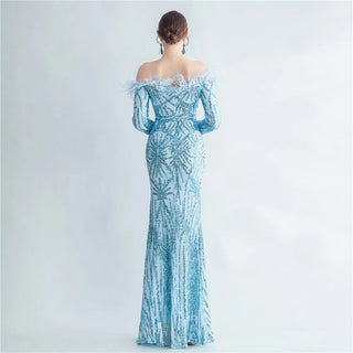 Off-Shoulder Feather Sequin Full Sleeve Evening Dress - Long Party Maxi Dress