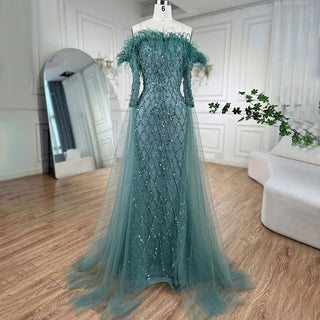 Dubai Caramel Feather Beaded Mermaid Evening Gown: Elegant Cape Sleeves for Women's Wedding Party 2024