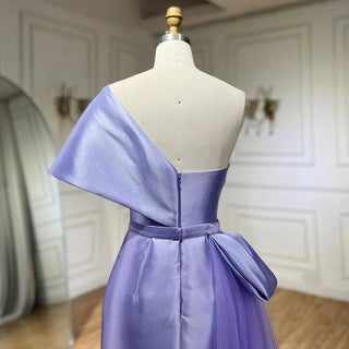 Lilac Satin Mermaid Evening Gown 2024: One-Shoulder Beaded Tea-Length for Women's Wedding Party