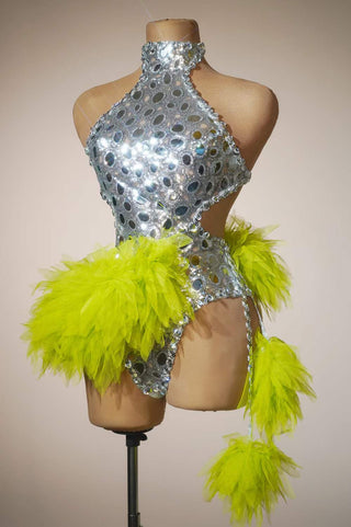 Bold Silver Sequin and Neon Feather Halter Dress