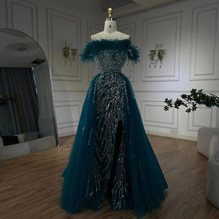 Blue Diamond Feather Mermaid Evening Dress with Overskirt - Wedding Party Gown for Women 2024